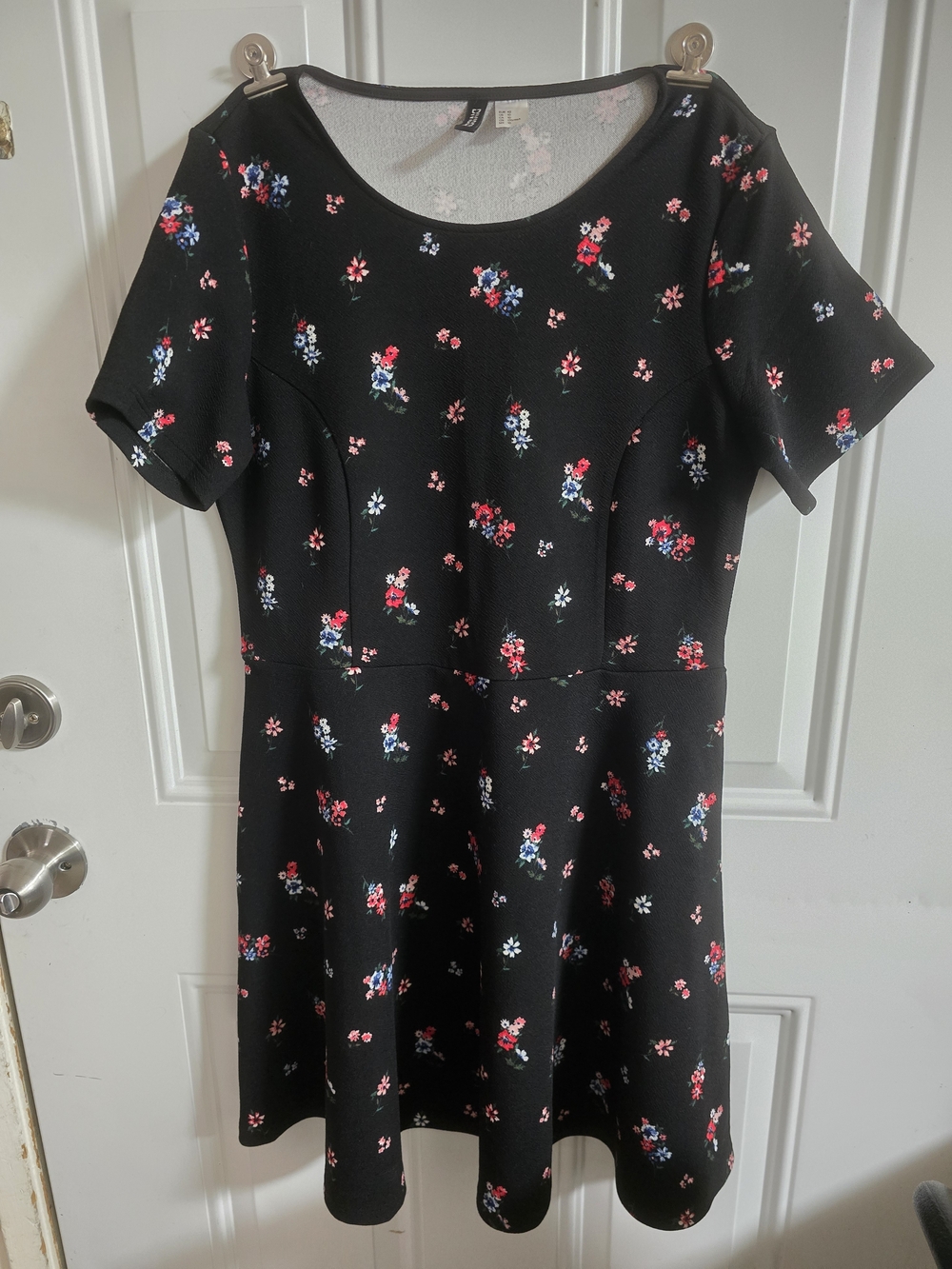 Divided Black Dress with Red and Blue Floral Print